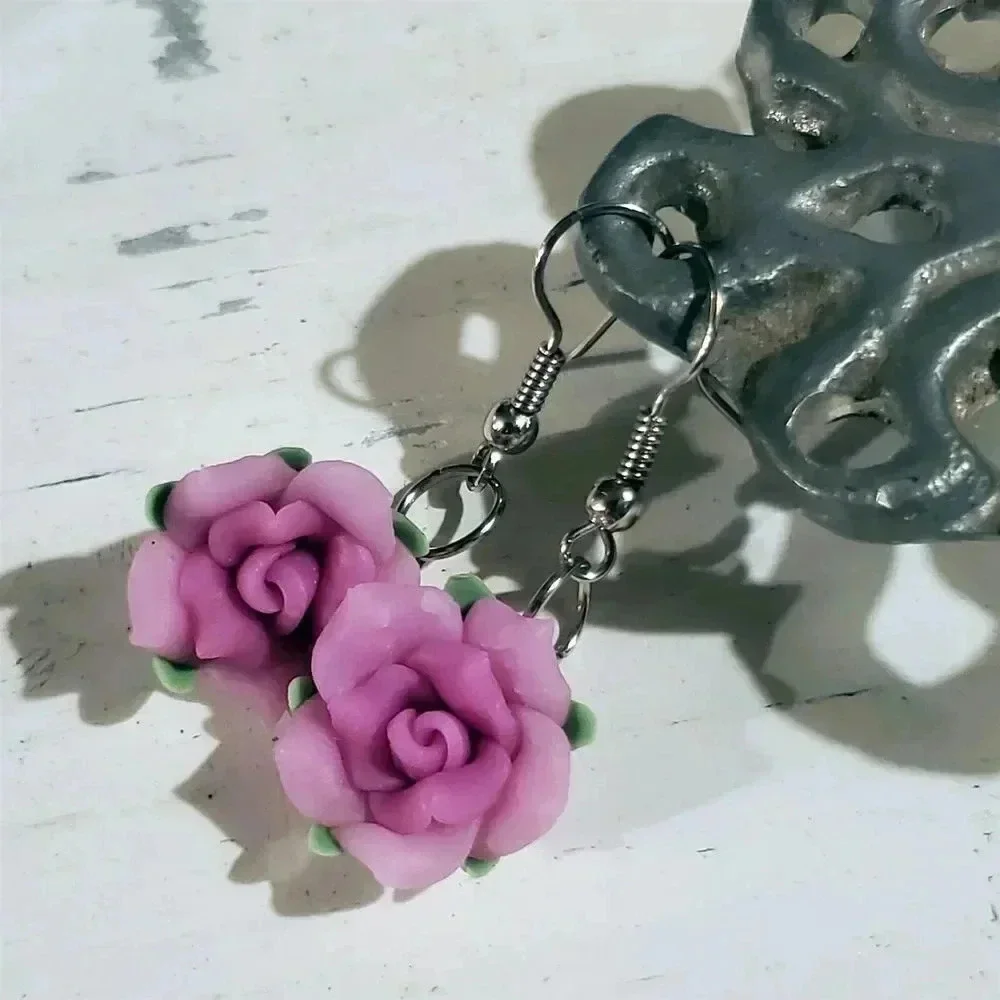 Hand Crafted Fimo Polymer Clay Pink Rose Flower Bead Dangle Earrings